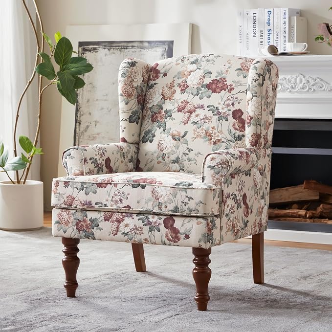 HUIMO Printed Wingback Accent Chair, Linen Upholstered High Back Armchair - Image 3