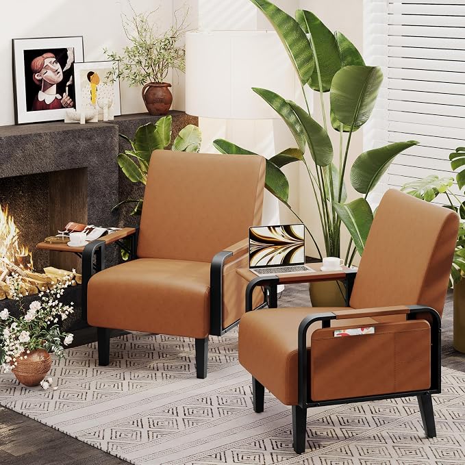 Andeworld Modern Brown Accent Chair Set of 2, PU Leather Upholstered Armchair - Image 8