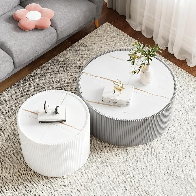 SSLine Round Drum Coffee Table Set of 2 Modern Sintered Stone Top Nesting - Image 4