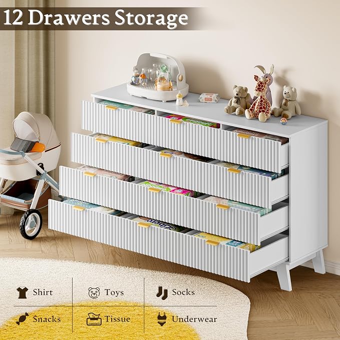 BORNOON 57" Wide Dresser for Bedroom, 12-Drawer Fluted Dresser - Image 3