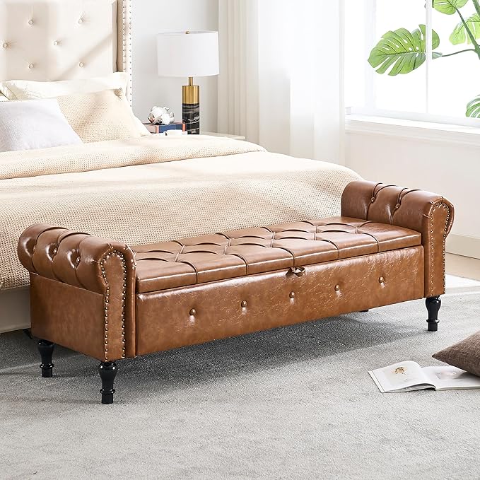 Storage Bench for Bedroom, Faux Leather 67" End of Bed Bench, King Size Bench by HOMYKA