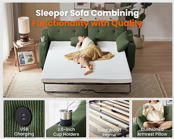Queen Size Pull Out Sleeper Sofa Bed, 2-in-1 Convertible Corduroy Pull Out - Image 5