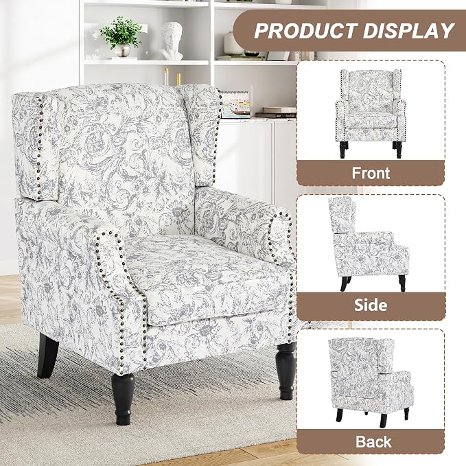 Pia Ricco Set of 2 Floral Accent Chairs, High Back Upholstered Armchairs - Image 3
