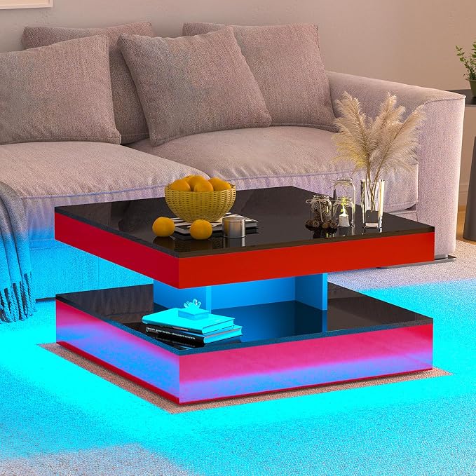 HedoAjim Red LED Coffee Table for Living Room, Living Room Table 2-Tier Square by HedoAjim