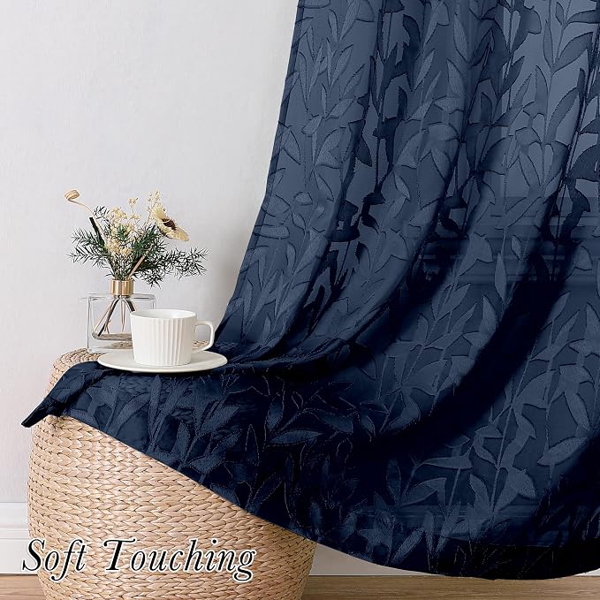 Lecloud Leia Living Room Navy Blue Sheer Curtains 63 Inch Length 2 Panels - Image 4