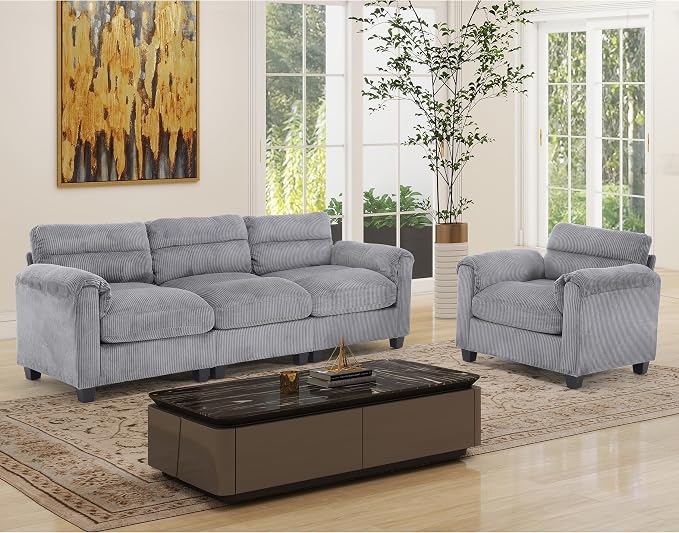 HAOMARKETS Corduroy Sofa Set, Upholstered Armchair and 3-Seater Couch by HAOMARKETS