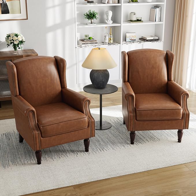 Pia Ricco Set of 2 Faux Leather Accent Chairs, High Back Wingback Armchairs - Image 6