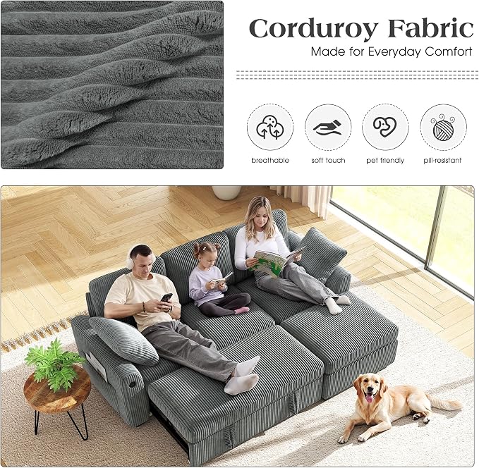 Ihanherry 81-inch Corduroy Modular Sectional Sofa Bed - Image 4