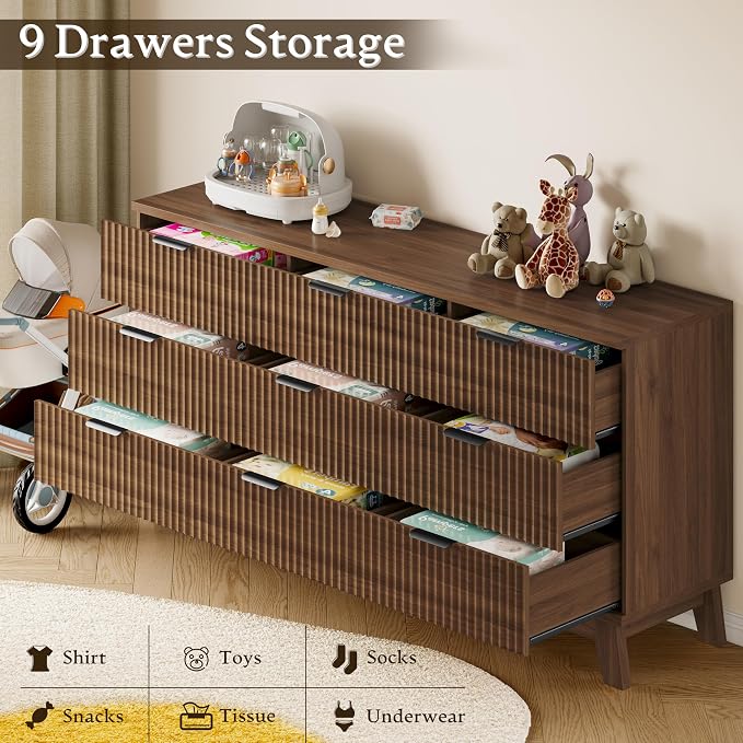 BORNOON 63" Long Dresser for Bedroom, 9-Drawer Fluted Dresser, Extra-Wide Wood - Image 5