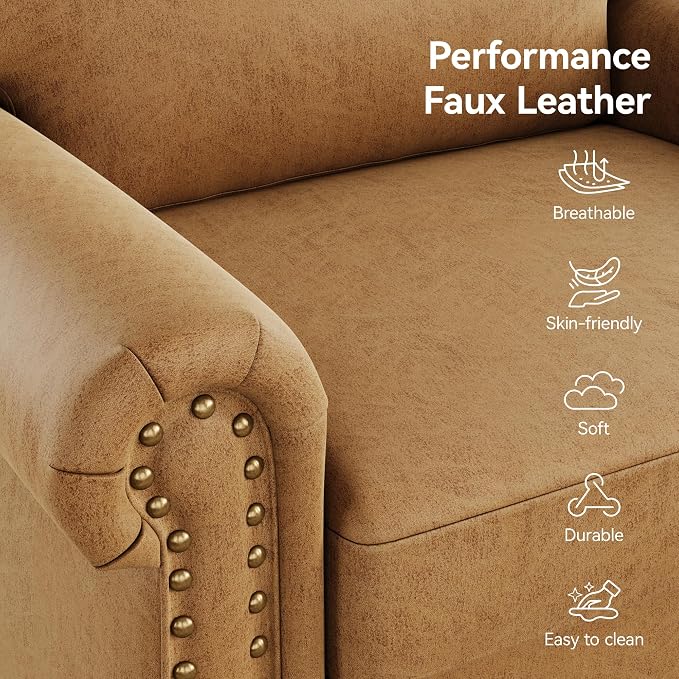Nailhead Trim Accent Chair, Faux Leahter Mid Century Modern Living Room Arm - Image 5