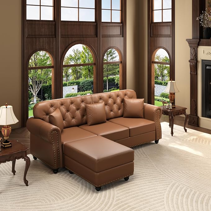 KEIKI 83" Faux Leather Chesterfield Sofa - Image 4