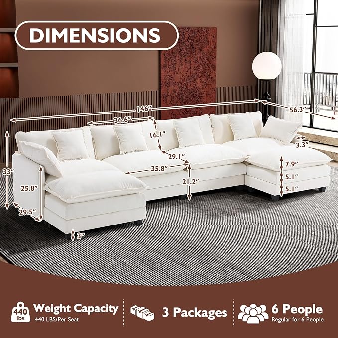 Ihanherry 146" U-Shaped Modern Sofa Modular Sectional Cloud Couch - Image 5