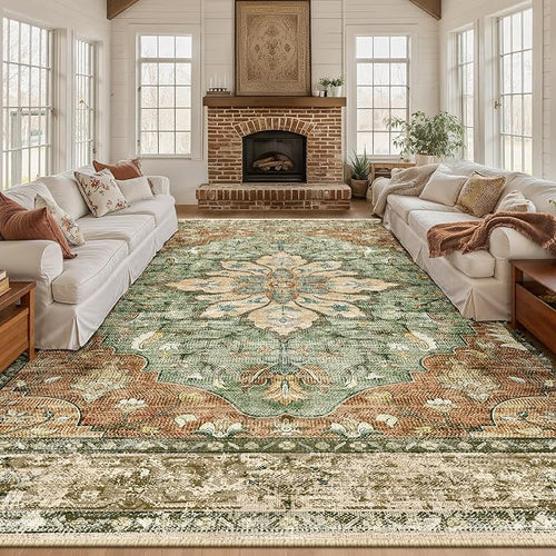 Area Rugs 10'x14' Washable Non-Slip, Floral Vintage Distress Print Pattern by RELEANY