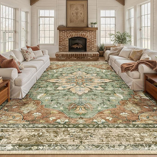 Area Rugs 10'x12' Washable Non-Slip, Floral Vintage Distress Print Pattern by RELEANY