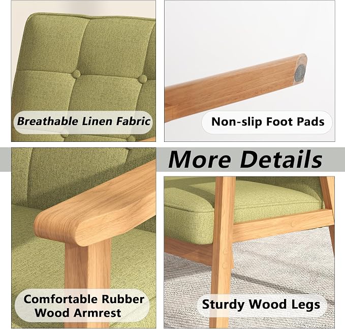 Modern Accent Chair with Wooden Table, Upholstered Linen Fabric Leisure Chair - Image 6