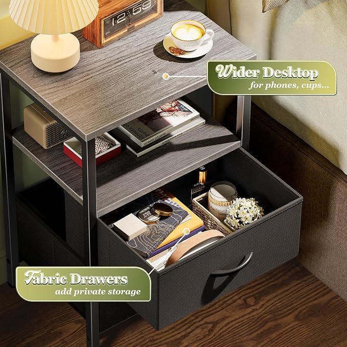 Huuger Night Stand with 2 Drawers, Bed Side Table with Open Shelf, Wooden Top - Image 5