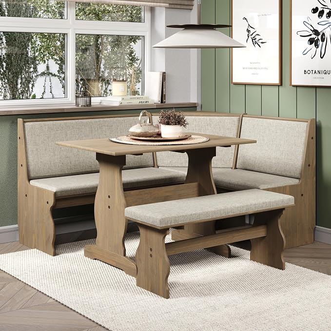 Linon Lucy Natural Wood and Linen Upholstered Corner Nook Kitchen Dining Set - Image 18