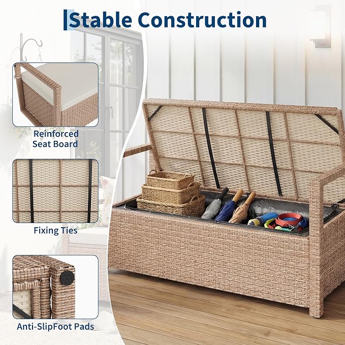 Outdoor Storage Bench with Cushion, Hand-Woven Yellow Wicker Deck Box with - Image 3