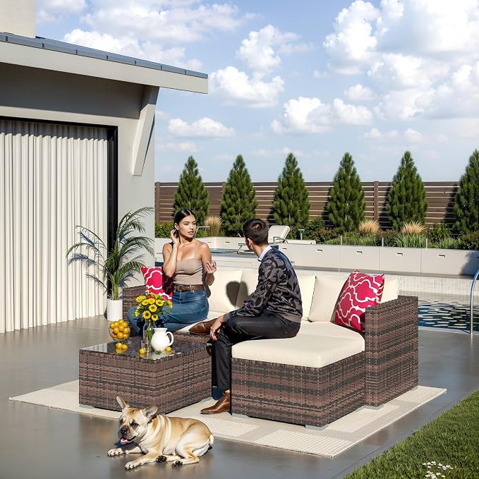 5-Piece L-Shaped Outdoor Patio Furniture Set, PE Wicker Sectional Sofa Set - Image 3