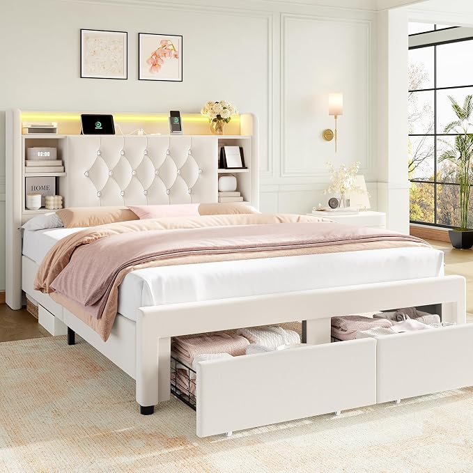 Full Bed Frame with Drawers, Hidden-Cubby & Shelves Storage Headboard with by KeyluvHome