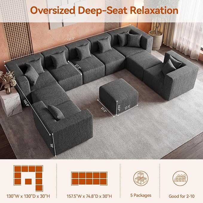 MONVANE Modular Sectional Sofa, Oversized 10 Seat Convertible U Shaped Couch - Image 3