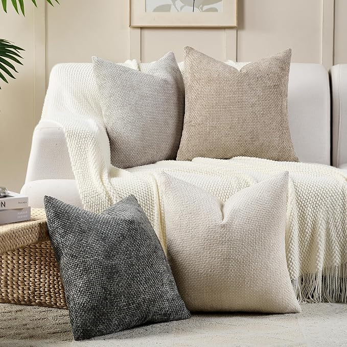 Volcanics Boho Throw Pillow Covers 18x18 Set of 4, Neutral Chenille Decorative - Image 4