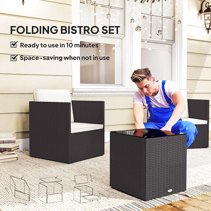 Outsunny 3 Piece Patio Furniture Set, Folding Outdoor Wicker Bistro Set - Image 3