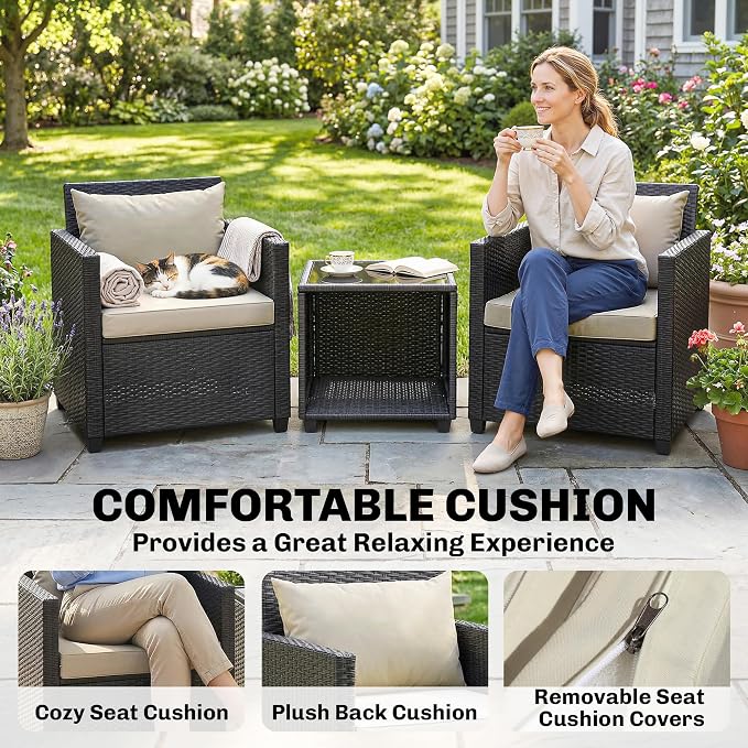 Outsunny 3 Piece Patio Furniture Set, Wicker Outdoor Bistro Set - Image 4