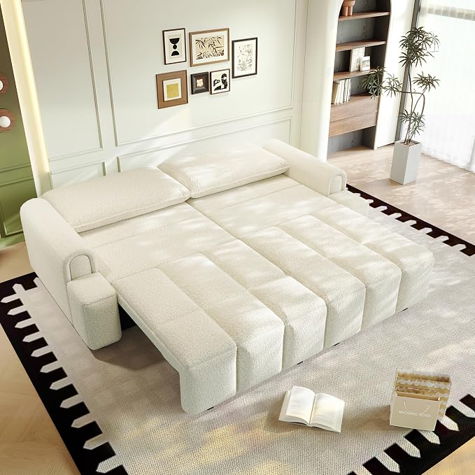 KEIKI 90.2" 4-Seater Modern Convertible Sofa Bed – Teddy Fabric Couch by KEIKI