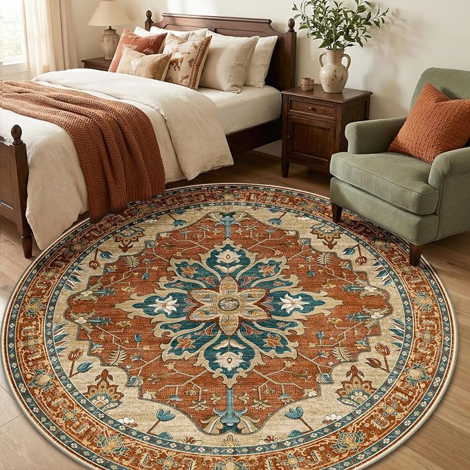 RELEANY Area Rugs Round 6ft Washable Non-Slip, Floral Vintage Distress Print by RELEANY