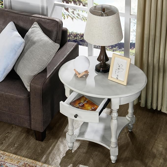 Oval End Table with Drawer, Solid Wood Sofa Side Storage Shelf, Traditional - Image 2