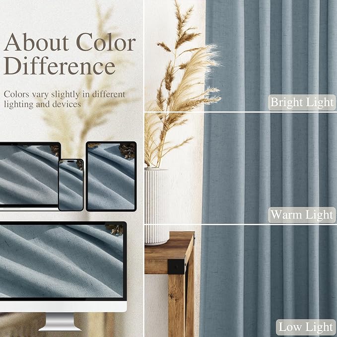 Nanspring Light Blue Linen Curtains 102 Inches Long Rod Pocket Back Tab Drapes - Image 3