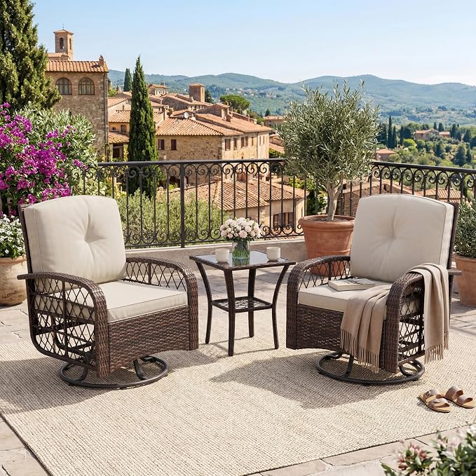 3-Piece Outdoor Patio Furniture Set, 2 Swivel Rocking Chairs and Tempered Glass by GAOMON
