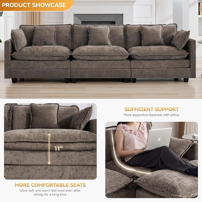 111'' Sectional Cloud Deep Seat Couch, Modern Comfy Chenille Modular Sectional - Image 3