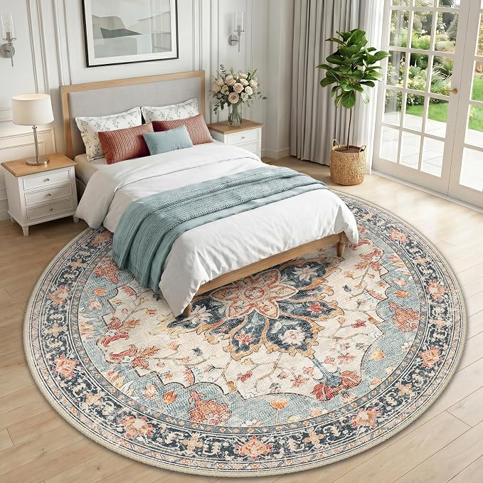 RELEANY Area Rugs Round 10ft Washable Non-Slip, Floral Vintage Distress Print - Image 2