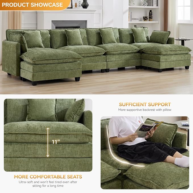 147'' Sectional Cloud Deep Seat Couch, Oversized Chenille U Shaped Sectional - Image 3