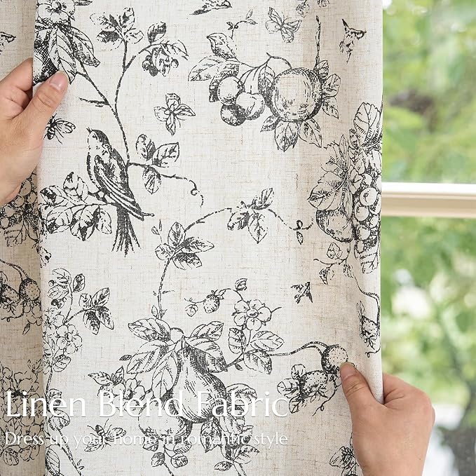 jinchan Linen Floral Curtains for Living Room 63 Inch Length Black Printed - Image 6