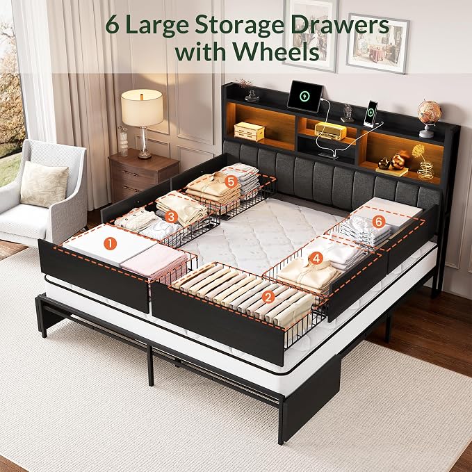 LARMACE King Bed Frame with 6 Storage Drawers, Bed Frame King Size with Linen - Image 3