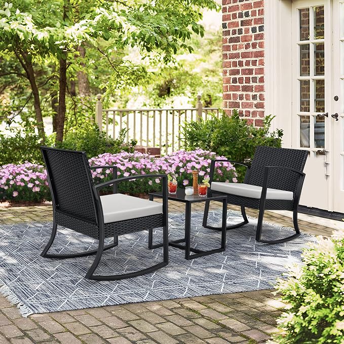 Greesum 3 Pieces Outdoor Furniture Set Patio Bistro Rocking Chairs - Image 3