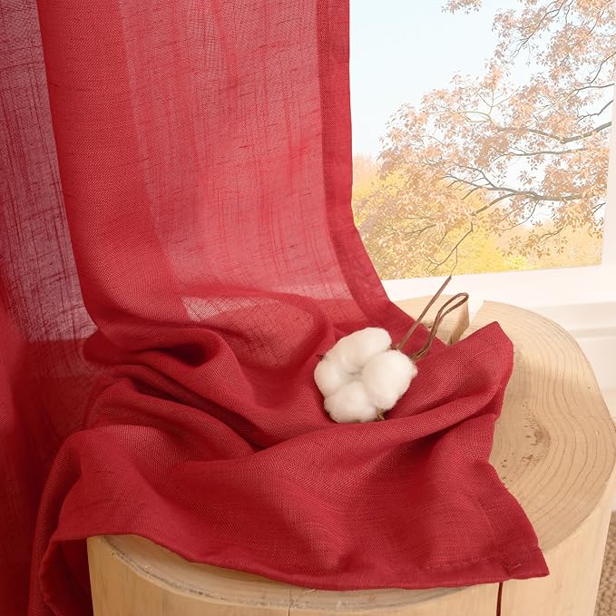 BGment Red Linen Kitchen Curtains Window Over Sink, Short Semi Sheer Drapes - Image 7