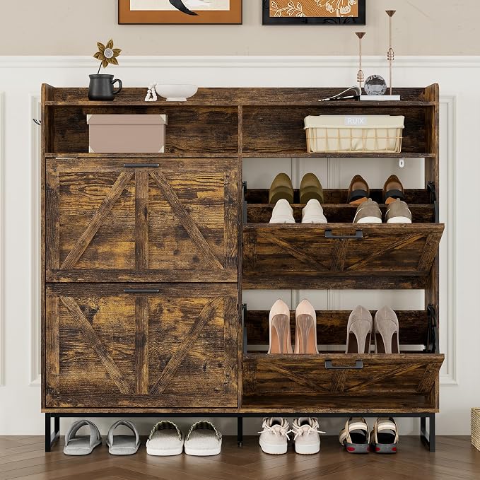 BORNOON Shoe Cabinet with 4 Flip Drawers Narrow Shoe Storage Cabinet Organizer - Image 5