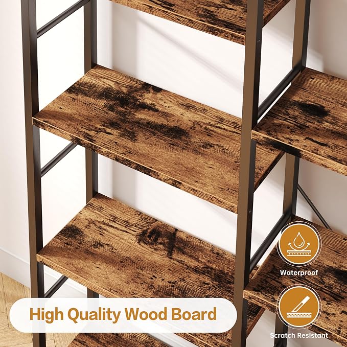 Shintenchi Triple Column 5 Tier Bookshelf, Industrial Large Bookcase Display - Image 4