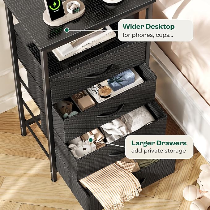 Huuger Night Stand with Charger Station and LED Lights, 4 Drawer Nightstand - Image 7