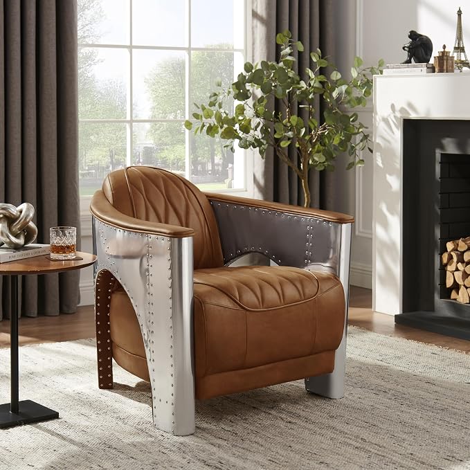Art Leon Genuine Leather Accent Chair, Mid Century Industrial Armchair - Image 7
