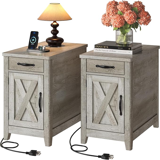 IRONCK End Table with Charging Station, Narrow Side Table by IRONCK