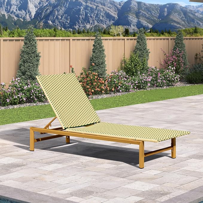 PURPLE LEAF Patio Chaise Lounge French Outdoor Lounger 1 Piece Wood-Grain by PURPLELEAF
