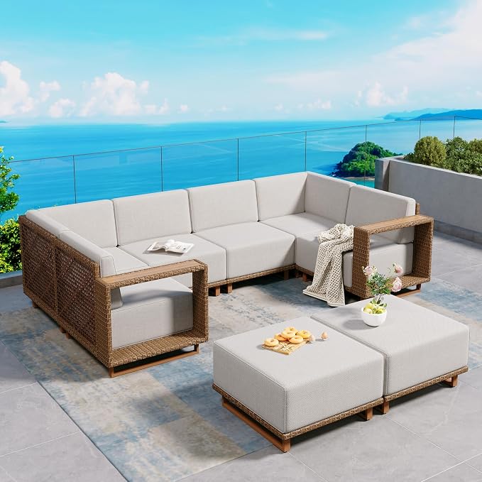 SUNSHINE VALLEY Patio Furniture Set, Outdoor Sectional Yellow Rattan Wicker Sofa by SUNSHINEVALLEY