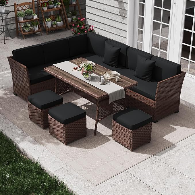 KIGOTY 7 Piece Patio Furniture Set, Outdoor PE Wicker Rattan Outdoor Dining Set by KIGOTY