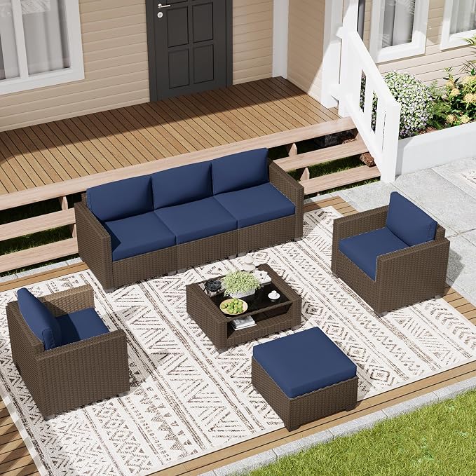 LOUVIXA 7 Piece Outdoor Patio Furniture Set, Rattan Chairs Glass Table Wicker - Image 3
