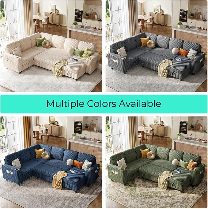 LINSY HOME Sectional Sofa with Pull Out Bed, 6 Seats Corduroy Reversible - Image 8